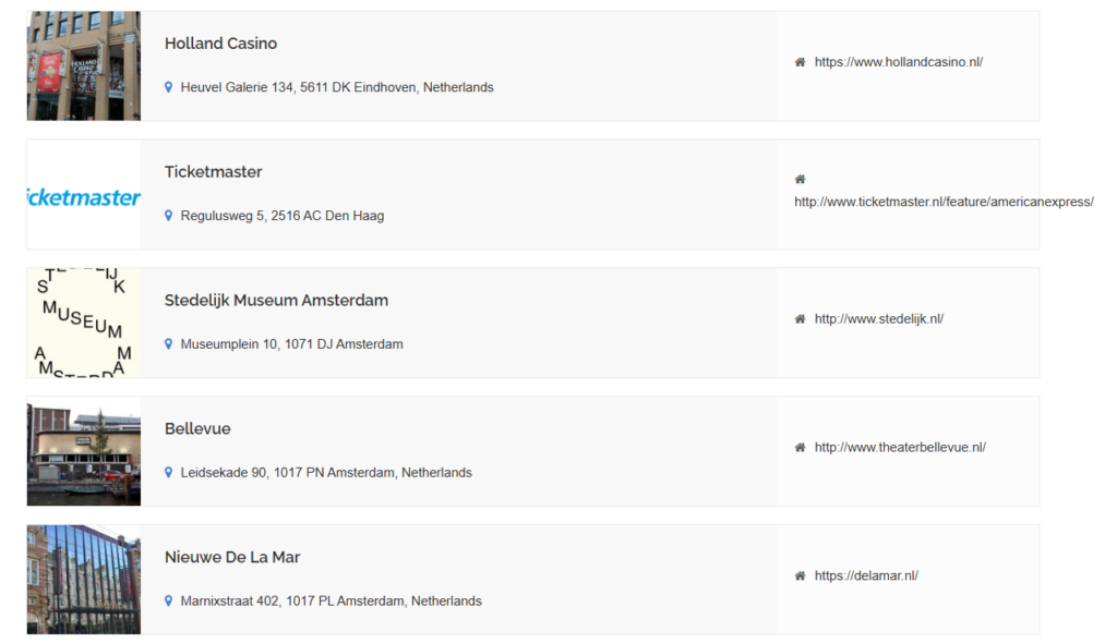 Holland Casino, Ticketmaster, Stedelijk Museum Amsterdam, Bellevue, Nieuwe De La Mar